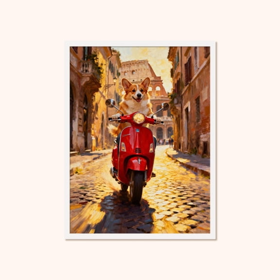 Corgi On Vespa Scooter Wall Art, Rome Colosseum Art Poster, Unframed Canvas Size 24x36