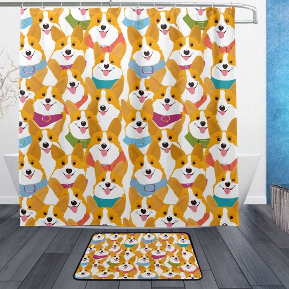 Corgi Pattern Dog Bathroom Accessory Sets Waterproof Shower Curtain with Absorbent Non-Slip Rug