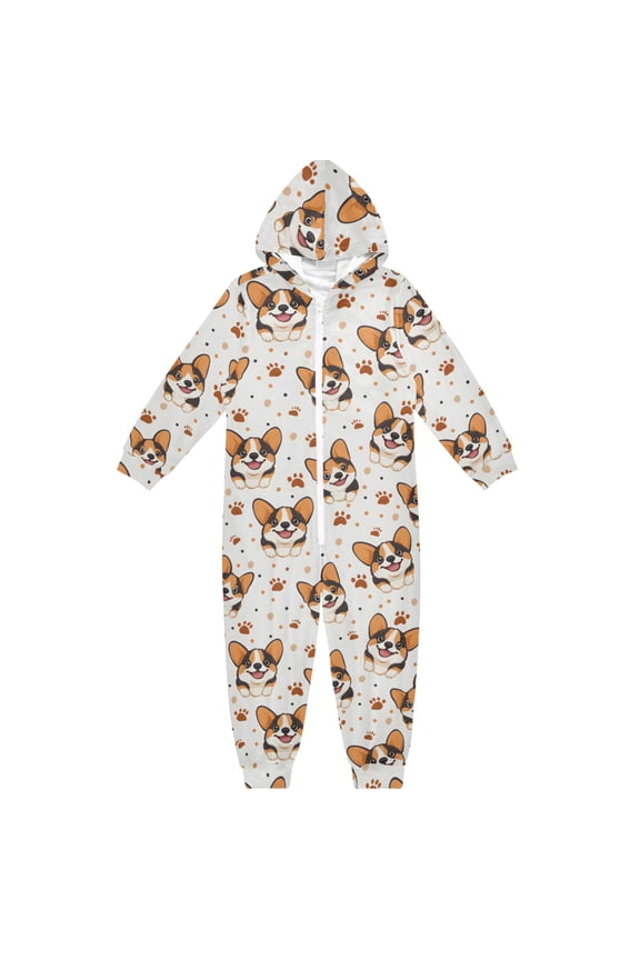 Corgi Paw Prints Pattern One Piece Pajamas Soft Jumpsuit Cozy Sleep and Play Romper Zipper and Pockets 12Y-13Y
