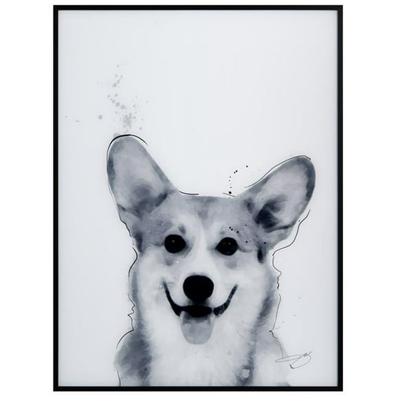 "Corgi" Pet Paintings on Printed Glass Encased with a Gunmetal Anodized Frame