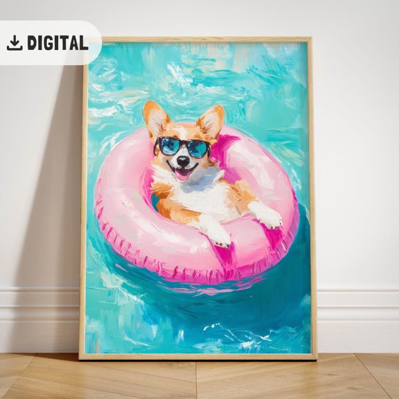 Corgi Poster, Colorful Summer, Dog Coastal Poster Wall Art, Beach House Decor, Unframed Poster Size 8x12