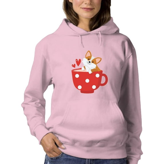 Corgi Pup In Big Red Mug Hoodie Women -Image by Shutterstock, Female Large