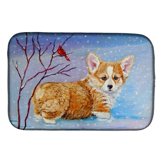 Corgi Pup Snow Cardinal Dish Drying Mat