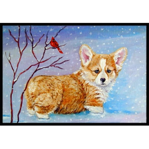 Corgi Pup Snow Cardinal Indoor & Outdoor Mat- - 18 x 27 in.