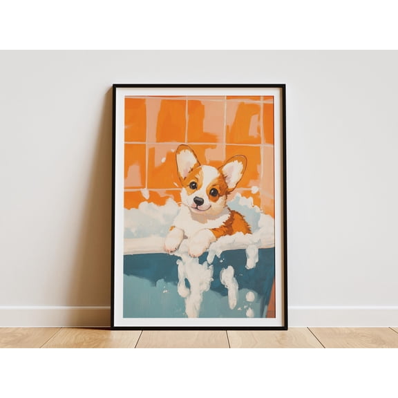 Corgi Puppy Art Print Bathroom Wall Decor Foamy Bathtub Poster Cute Dog Artwork Pet Portrait Corgi Lover Gift Puppy in Tub Art - Poster Unframed