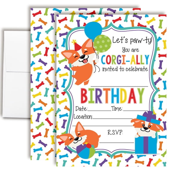 Corgi Puppy Dog Birthday Party Invitations for Kids, 20 Fill-In Cards with Envelopes, 5x7 Children's Birthday Party Invitations, Birthday Party Supplies, Made in USA by Amanda Creation