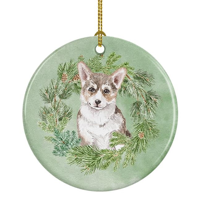 Corgi Puppy Sable Christmas Wreath Ceramic Ornament 2.8 in x 2.8 in