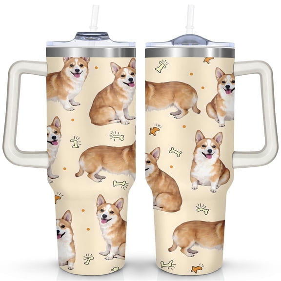 the Corgi Puppy Is Yellow 40 Oz Tumbler with Handle Lid and Straw, Stainless Steel Double Walled Vacuum Insulated Cup, Cute Birthday Gifts Tumbler for Women Men Friends
