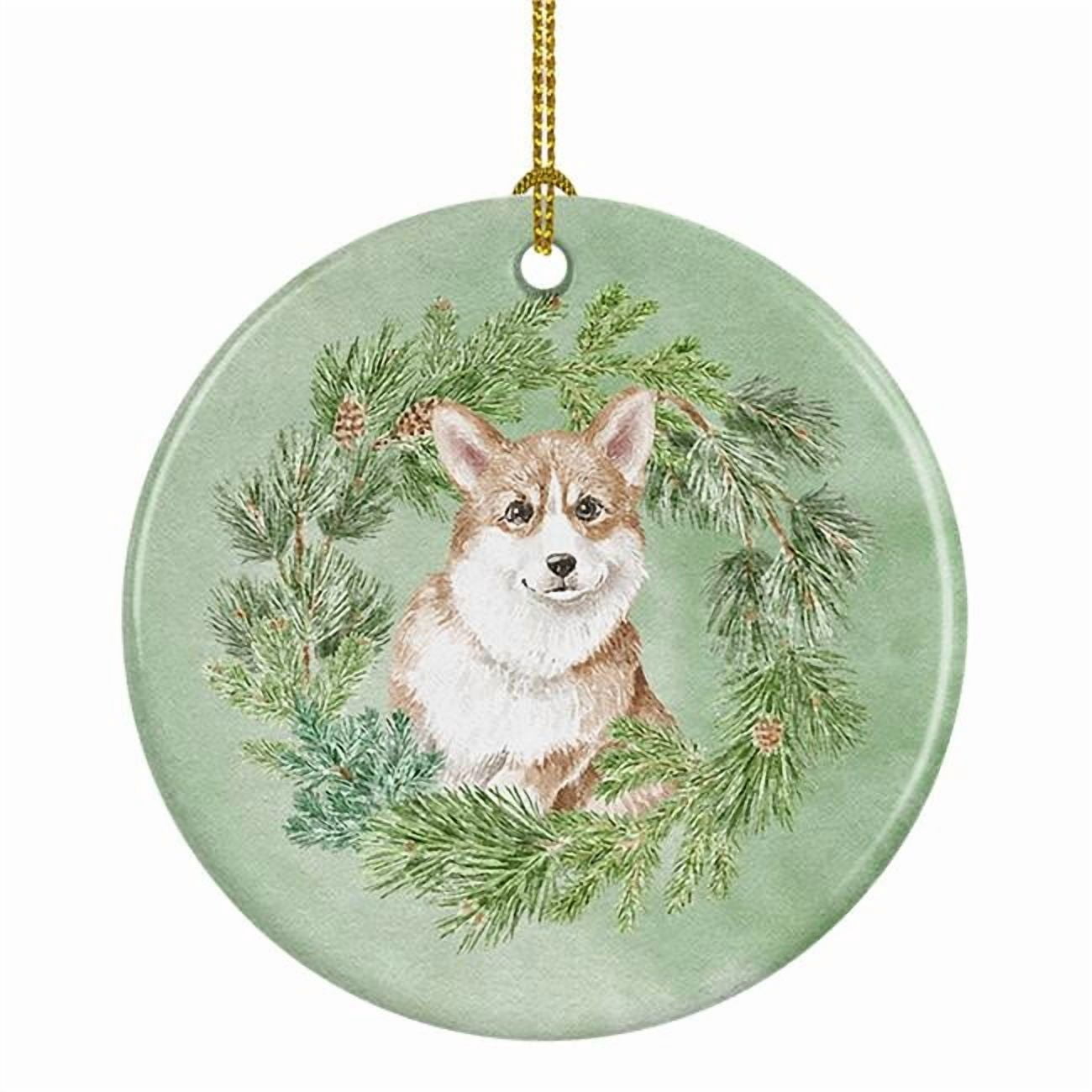 Corgi Red Christmas Wreath Ceramic Ornament 2.8 in x 2.8 in