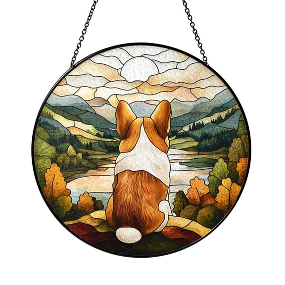 Corgi Reflection Stained Glass Suncatcher Window Hanging, Dog Inspired Sun Catcher for Home Window Decor