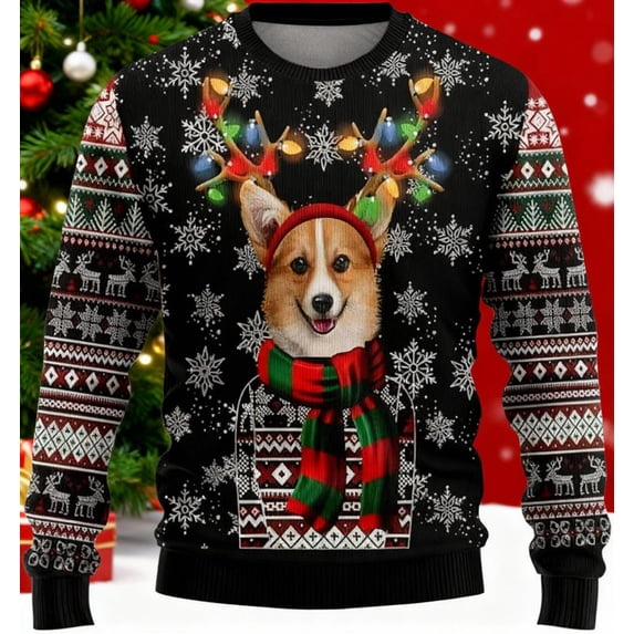 Corgi Reindeer Antlers Ugly Christmas Sweater, Funny Dog Lover, Festive Puppy, Holiday Party, Cute Canine Xmas Gift