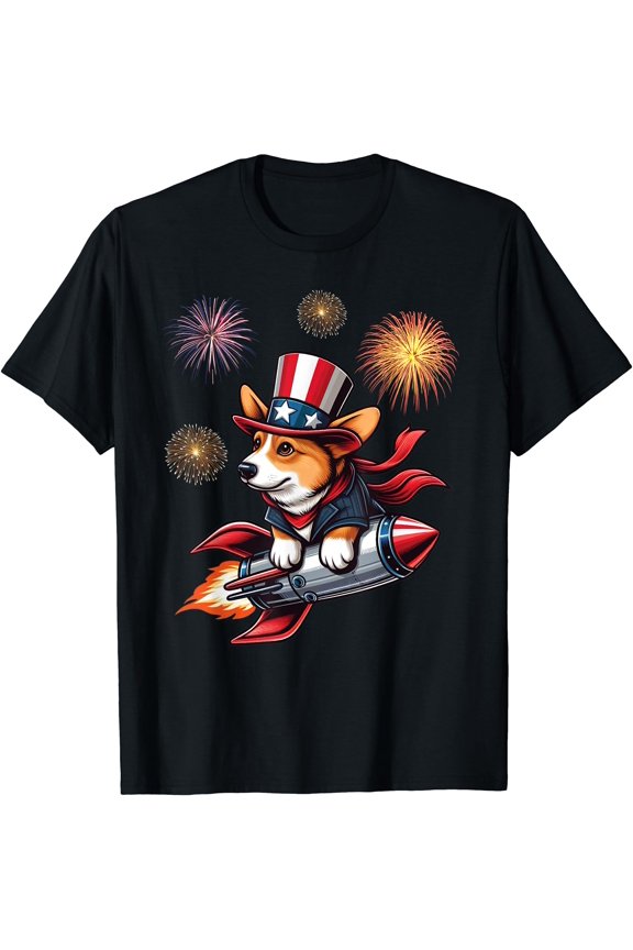 Corgi Ride Rocket Fireworks Independence Day Usa Patriotic T-Shirt
