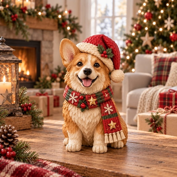 Corgi Santa Hat Scarf Christmas Wooden Block 3 Layer Figurine for Dog Lover Tabletop Decor