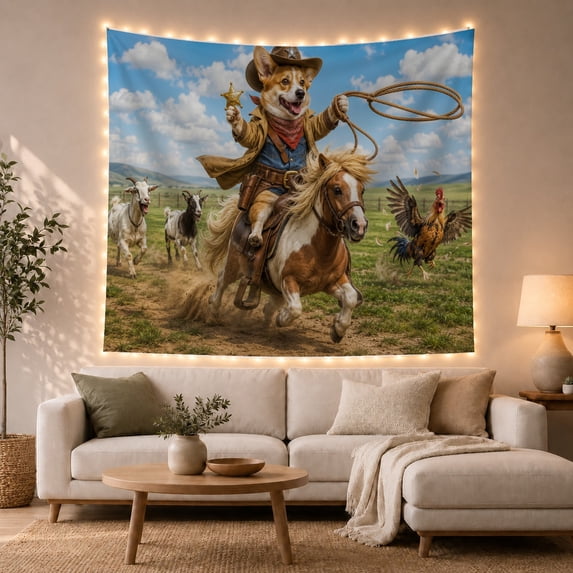 Corgi Sheriff on Pinto Horse Among Animals in Pasture, Playful Digital Art for Dog Lovers, Farm Decor, New Home Gift, Tapestry Wall Hanging for Bedroom and Living Room