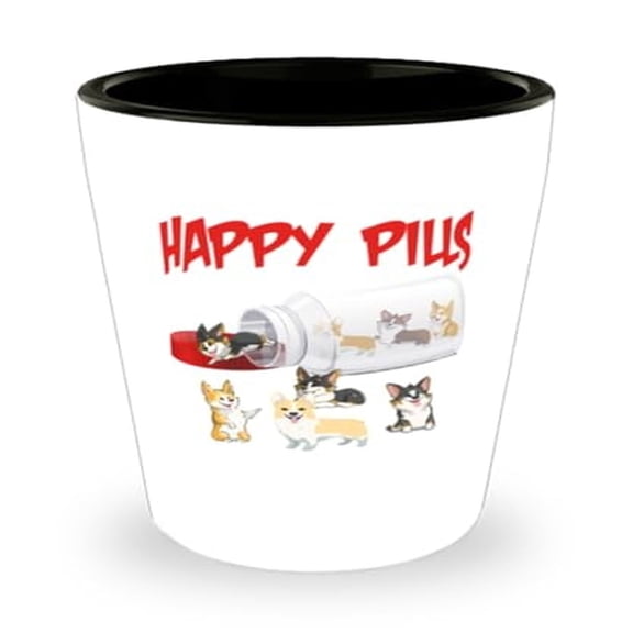 Corgi Shot Glass, Happy Pills, Wellness Gift, Mini Glassware, 1.5oz Cup