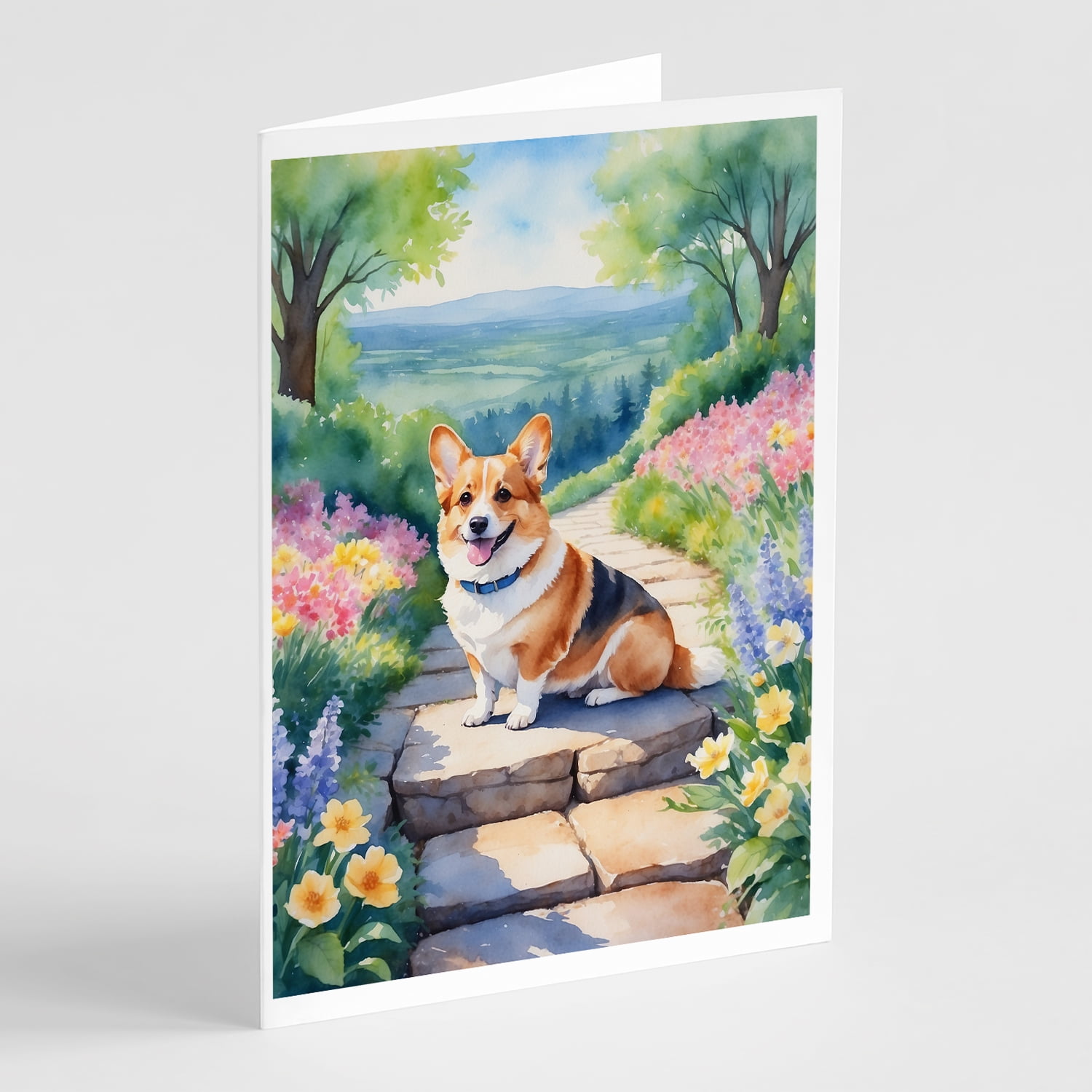 Corgi Spring Path Greeting Cards Pack of 8 7 in x 5 in
