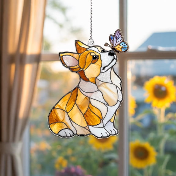 Corgi Suncatcher, Stained Glass Style, Rainbow Window Decor