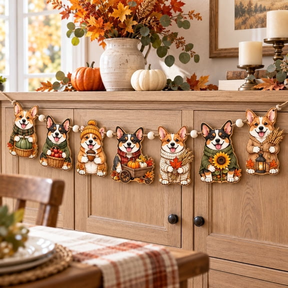 Corgi Thanksgiving Garland, Wooden Fall Mantel Decor for Pet Lovers