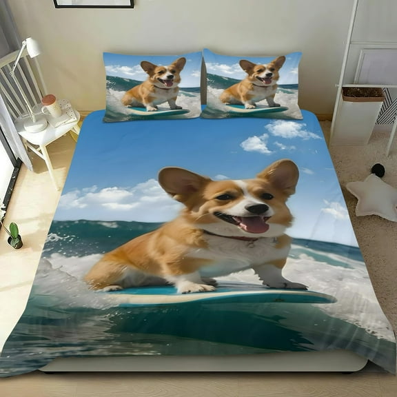 Corgi Themed Bed Sheet Set Three Piece Set 53x79 Inches Comfortable And Skin Friendly Unique Design Creating A Star Studded Night