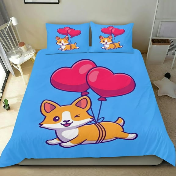 Corgi Themed Bed Sheet Set Three Piece Set 53x79 Inches Comfortable And Skin Friendly Unique Design Creating A Star Studded Night