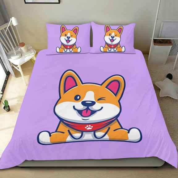 Corgi Themed Bed Sheet Set Three Piece Set 53x79 Inches Comfortable And Skin Friendly Unique Design Creating A Star Studded Night