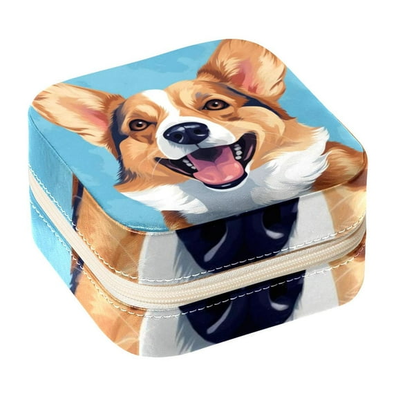 Corgi Travel Portable Square Jewelry Box Organizer: Ideal Solution for Rings, Earrings, Necklaces, Bracelets, and More! Gift for Girls and Women.