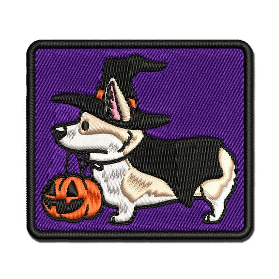 Corgi Trick-or-Treating Witch Costume Halloween Applique Multi-Color Embroidered Hook & Loop Patch - 3 Inch Medium