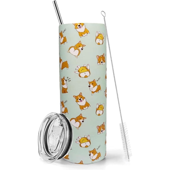 Corgi Tumbler With Lid and Straw 20 oz Insulated Dog Tumbler Stainless Steel Corgi Skinny Tumbler Water Bottle Travel Mug Wine Cups Corgi Gifts for Corgi Lovers