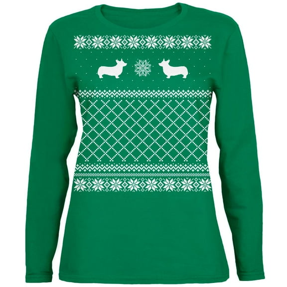 Corgi Ugly Christmas Sweater Green Womens Long Sleeve T-Shirt