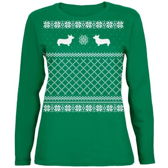 Corgi Ugly Christmas Sweater Green Womens Long Sleeve T-Shirt
