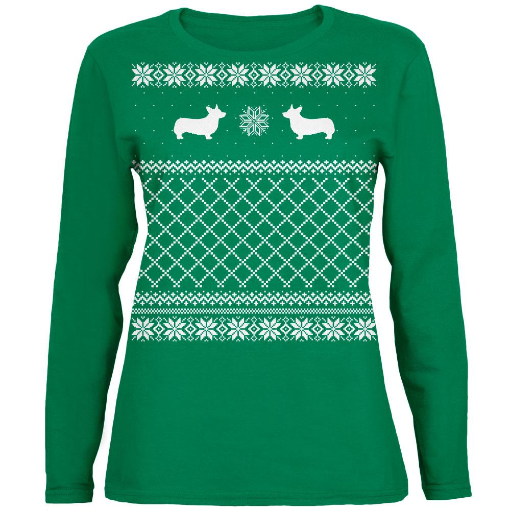 Corgi Ugly Christmas Sweater Green Womens Long Sleeve T-Shirt - image 1 of 1