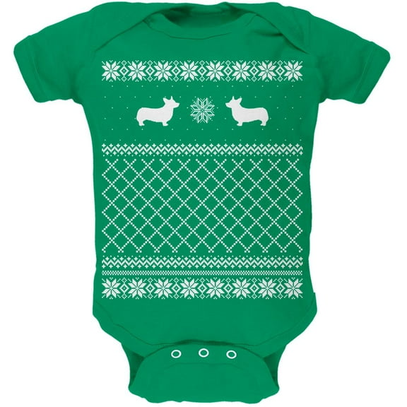 Corgi Ugly Christmas Sweater Kelly Green Soft Baby One Piece - 12 month
