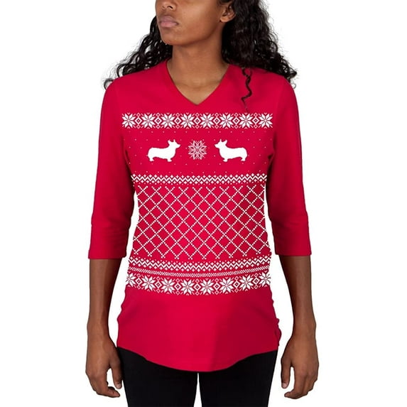 Corgi Ugly Christmas Sweater Red Maternity 3/4 sleeve T-shirt - Small