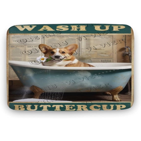 Corgi Wash Up Buttercup Bath Mat,Cute Cartoon Dog Bathroom Rugs No Slip,Washable Cover Floor Rug Carpets Floor Mat 16x24 Inches for Kitchen, Bathtub, Shower and Bath Room
