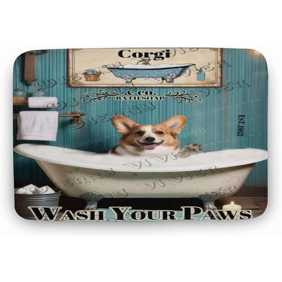 Corgi Wash Your Paws Bath Mat,Cute Cartoon Corgi Bathroom Rugs with Non Slip Backing,Washable Cover Floor Rug Carpets Floor Mat 20"x32"