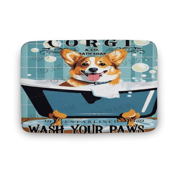 Corgi Wash Your Paws Print Bath Rug, Coral Velvet, 16"x24",Machine Washable Bath Mats for Bathroom Floor, Tub and Shower, Home Decor Accessories