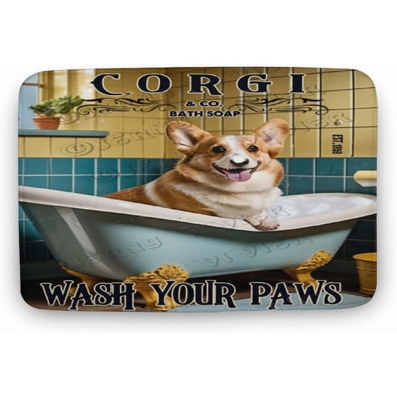 Corgi Wash Your Paws Print Bath Rug, Coral Velvet, 20"x32",Ultra Soft and Non-Slip Bathroom Rugs, Water Absorbent and Machine Washable