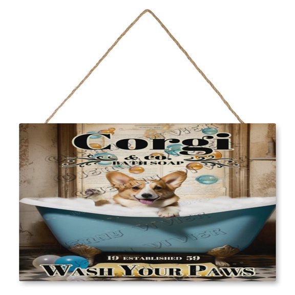 Corgi Wash Your Paws Retro Vintage Wood Garden Signs Decorative Home Signs Wall Decor Rustic Farmhouse Hanging Wooden Sign Lovely Home Accessory Sign 10"x16"