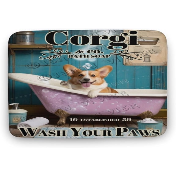 Corgi Wash Your Paws Rustic Bath Mat,Cute Cartoon Corgi Bathroom Rugs No Slip,Washable Cover Floor Rug Carpets Floor Mat 16"x24"