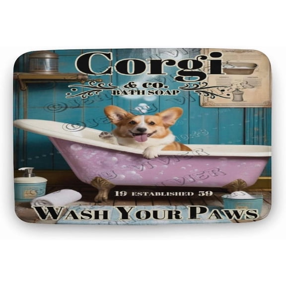 Corgi Wash Your Paws Rustic Bath Mat,Cute Cartoon Corgi Bathroom Rugs No Slip,Washable Cover Floor Rug Carpets Floor Mat 20"x32"