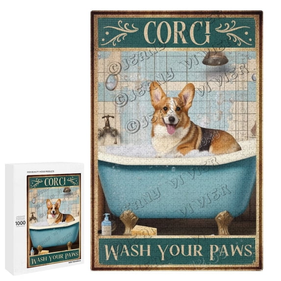 Corgi Wash Your Paws Wooden Jigsaw 1000 Pieces Puzzle 1000 Piece Jigsaw Puzzle for Families Challenging Puzzle Perfect for Game Nights