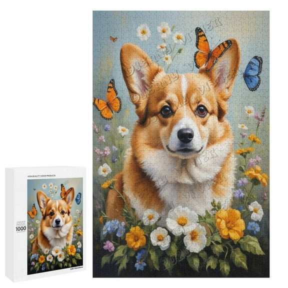 Corgi With Flower Oil Painting 1000-Piece Puzzle for Adults - A Fun and Relaxing Way to Celebrate Your Love for Dogs,Wooden
