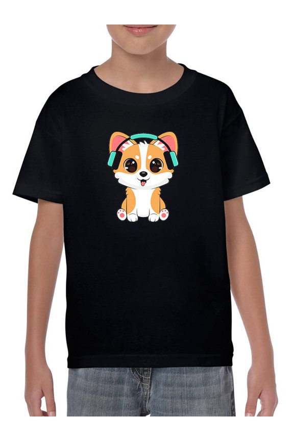 Corgi With Headsets T-Shirt Juniors -Image by Shutterstock, Medium
