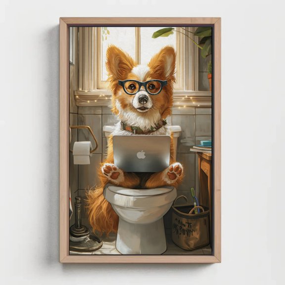 Corgi Working On Laptop Wall Art Print, Quirky Bathroom Office Decor