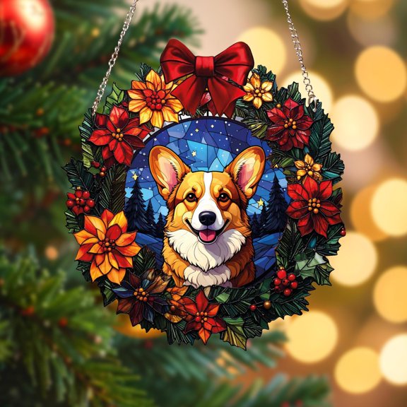 Corgi Wreath Acrylic Suncatcher Window Hanging Christmas Gift for Dog Lovers