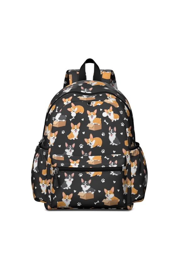 Corgi and Box Black Pattern Backpack for School, Cute School Bag with Adjustable Shoulder Straps and Padded Back, 13.4"x11"x4.7"