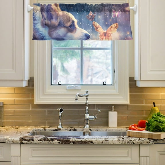 Corgi and Butterflies Dog Curtain Valances Farmhouse Design Window Treatment Decor Blackout Rod Pocket for Windows Living Room Kitchen 54" x 18"