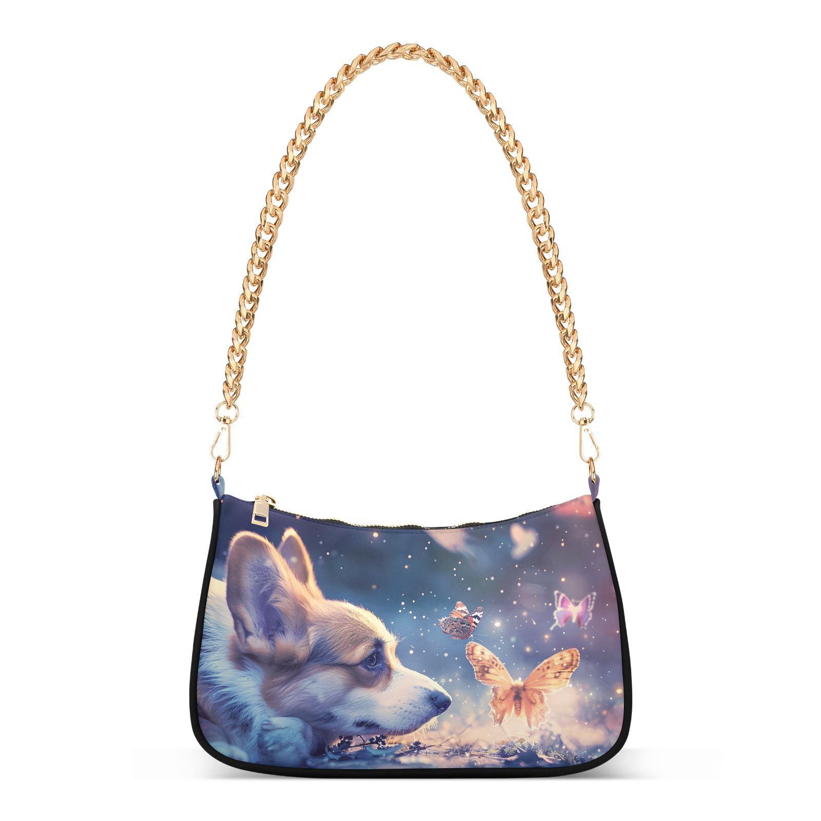 Corgi and Butterflies DogWomen Small Shoulder Bag Crossbody Tote Hobo Bags Purse Clutch Handbags with Chain Strap for Women
