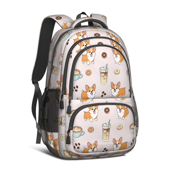 Corgi and Coffee Beige Pattern Cute School Backpack Bag with Padded Back and Adjustable Shoulder Straps 16.9 X 12.6 X 5.9 Inches