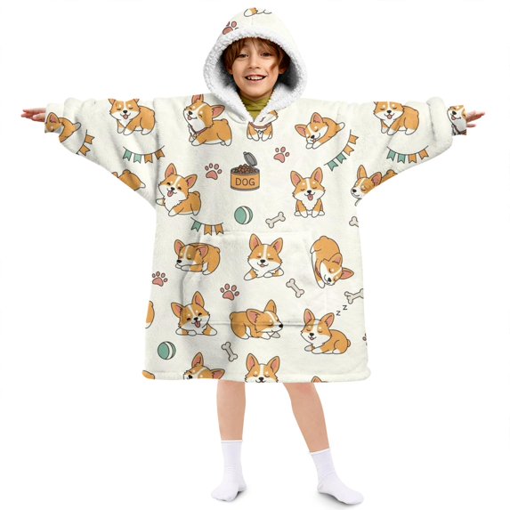 Corgi and Dog Food Cream Pattern Lamb Fleece Blanket Hoodies for Teens ,Teens Oversize Sherpa Wearable Hooded Blanket Sweatshirt with Super Pockets